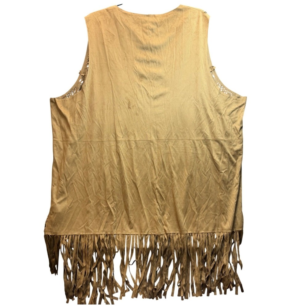Roamans Vest Women 22/24 Tan Faux Suede Laser Cut Fringe Boho Western Cowgirl - Picture 2 of 8